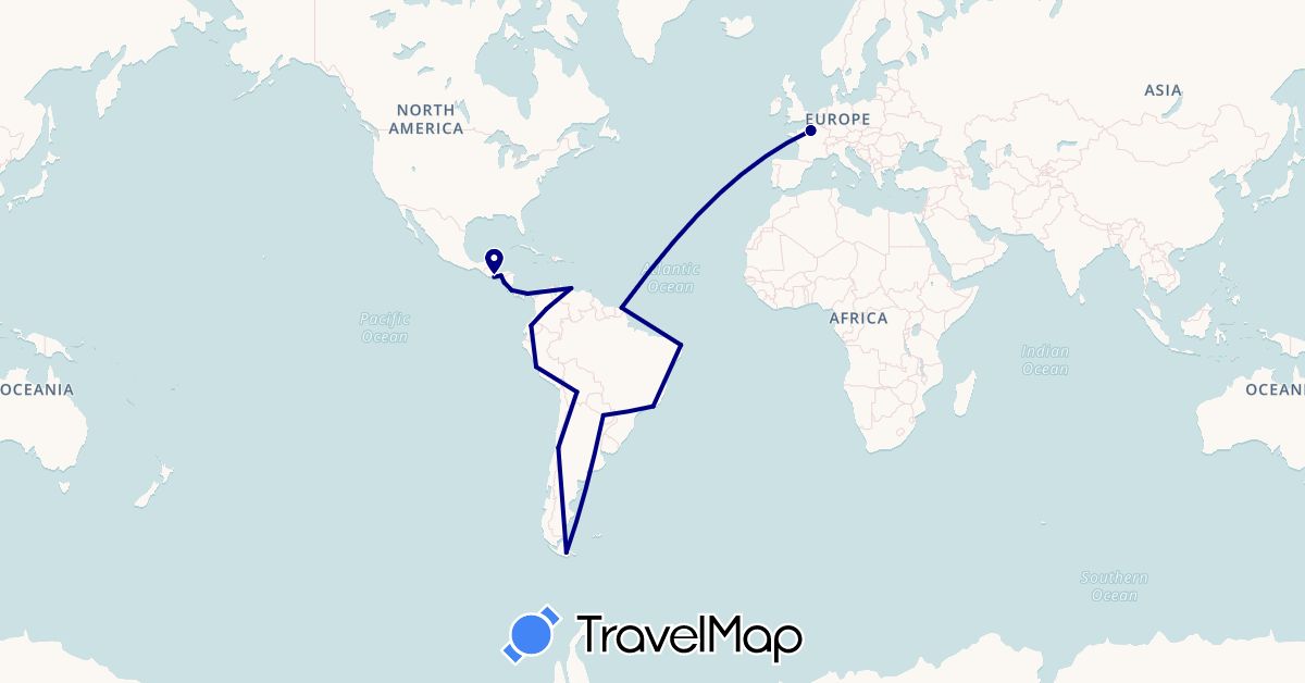 TravelMap itinerary: driving in Argentina, Bolivia, Brazil, Chile, Colombia, Costa Rica, Ecuador, France, Honduras, Nicaragua, Panama, Peru, Paraguay, El Salvador, Venezuela (Europe, North America, South America)